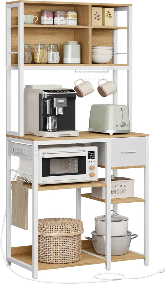 Bakers Rack with Charging Station, Coffee Bar with Adjustable Storage Shelves, Fabric Drawer, 12 Hooks, 15.7 X 31.5 X 71 Inches, Kitchen Microwave Stand, Golden Oak and Cloud White UKKS015Y03