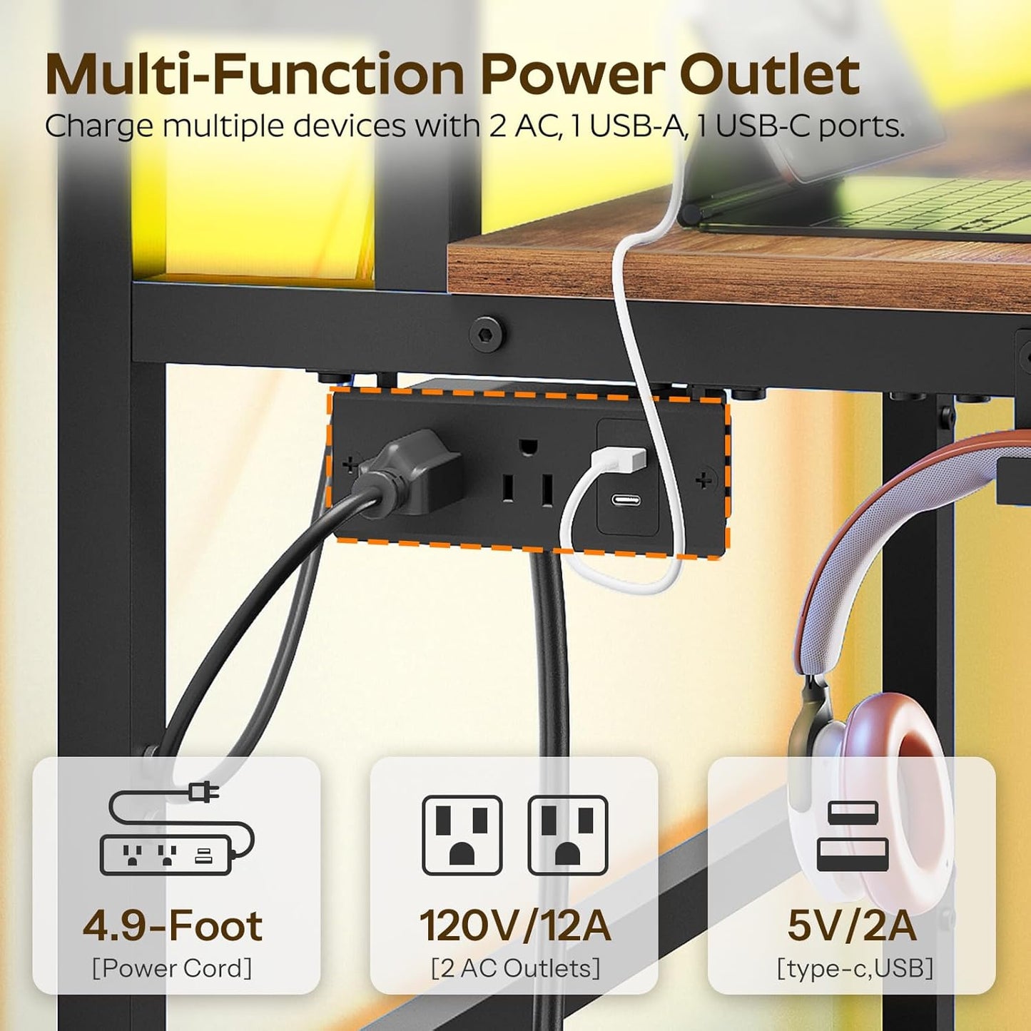 Small Computer Desk with Charging Station and LED Lights, Gaming Desk with Monitor Stand, 2-Tier Home Office Desk with 4 Side Hooks, for Living Room, Home Office, Rustic Brown DN01UDBRY2