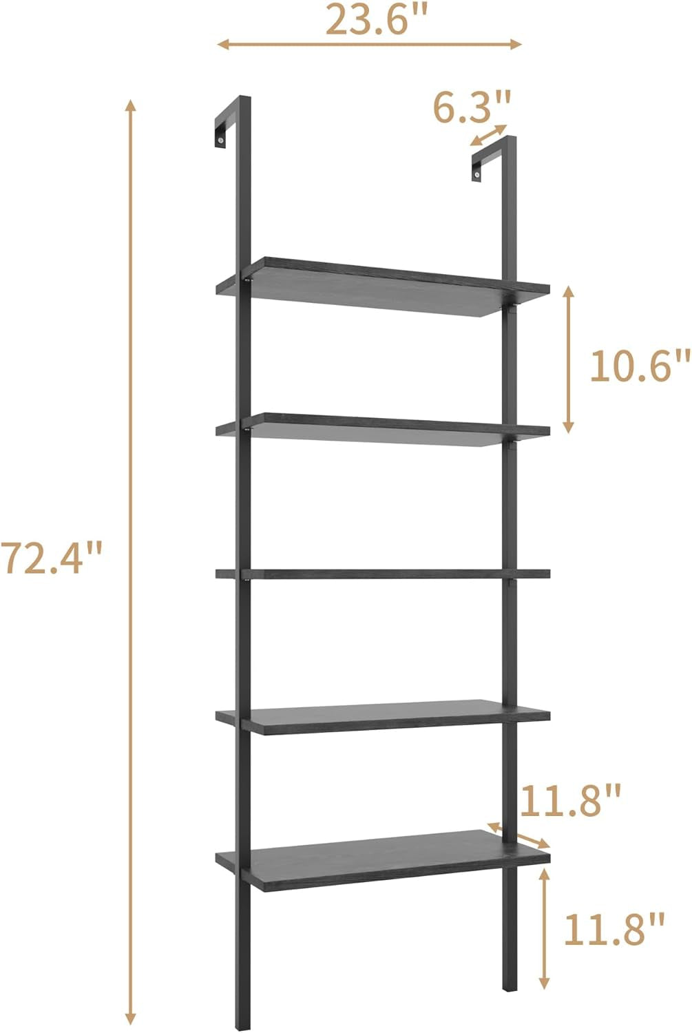 5-Tier Bookshelf Wall Mount Ladder Bookcase Industrial Standing Corner Bookshelf with Wood Board and Metal Frame, Modern Tall Narrow Storage Organizer for Home Office (Black, 1 Piece)