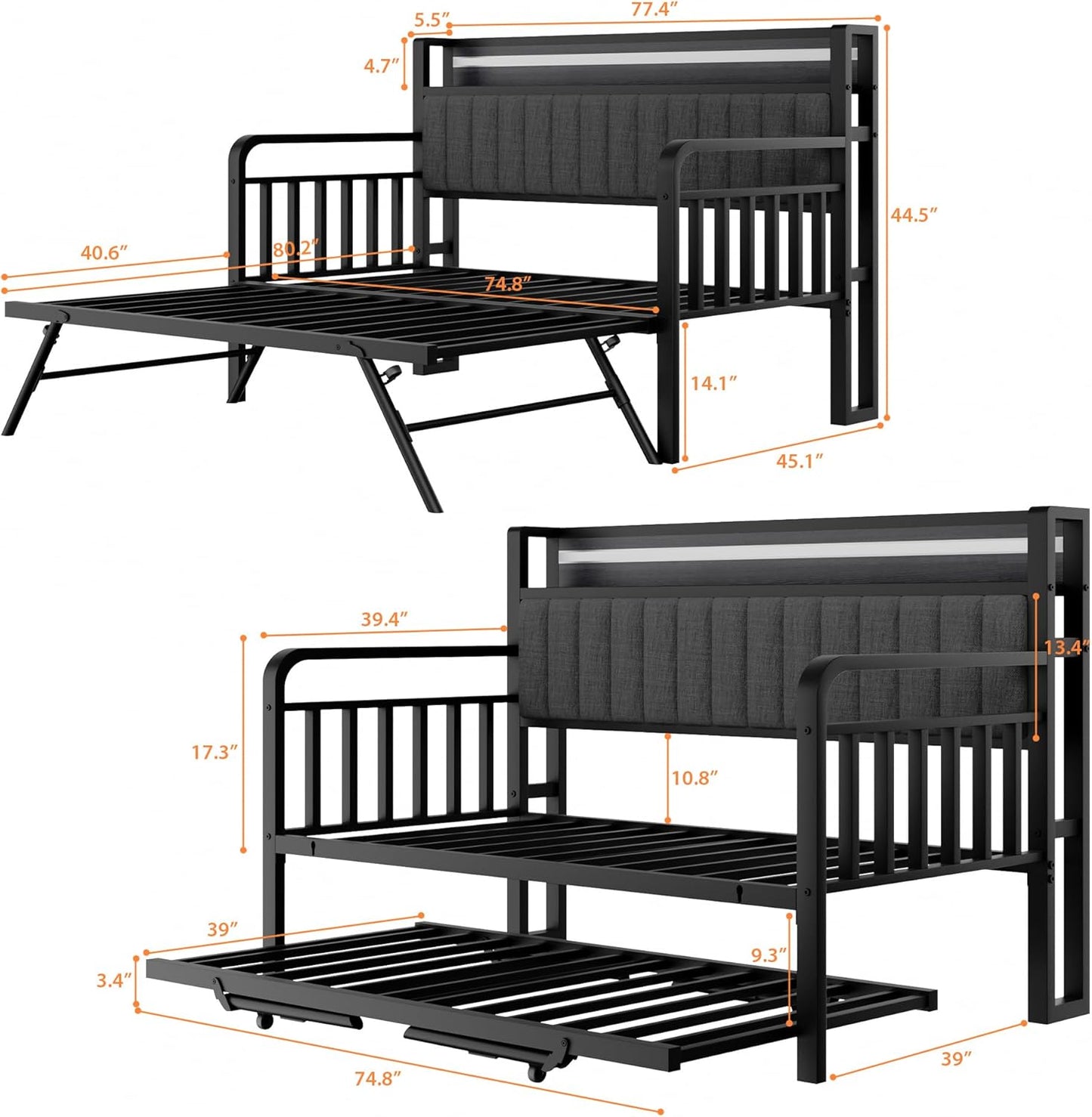 Daybed with Trundle and LED Light, Heavy Duty Metal Twin Bed Frame with Upholstered Storage Headboard & Charging Station, Day Bed Pop up Trundle Bed Twin for Living Room,Bedroom and Guest Room, Black