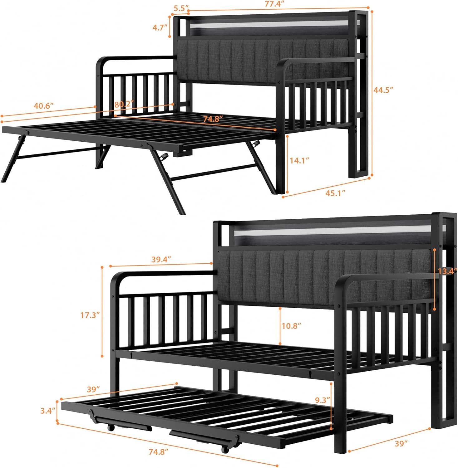 Daybed with Trundle and LED Light, Heavy Duty Metal Twin Bed Frame with Upholstered Storage Headboard & Charging Station, Day Bed Pop up Trundle Bed Twin for Living Room,Bedroom and Guest Room, Black