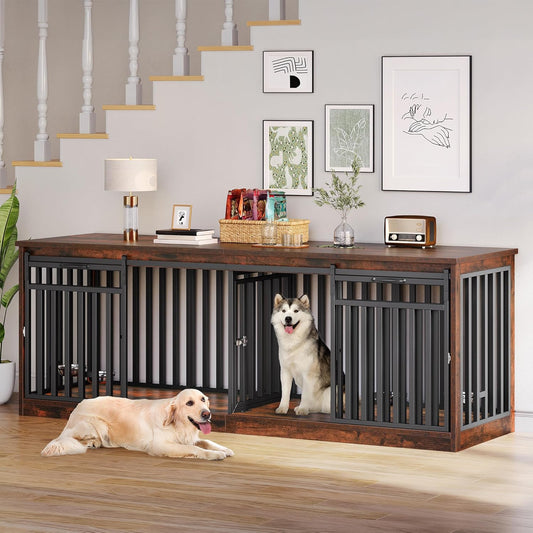 86.6" Double Dog Crate Furniture for 2 Large Dogs, Heavy Duty Metal Dual Dog Kennel TV Stand Sliding Doors, Wooden Two Dog Cage Table with Dog Bowl for Extra Large Dogs, Rustic Brown