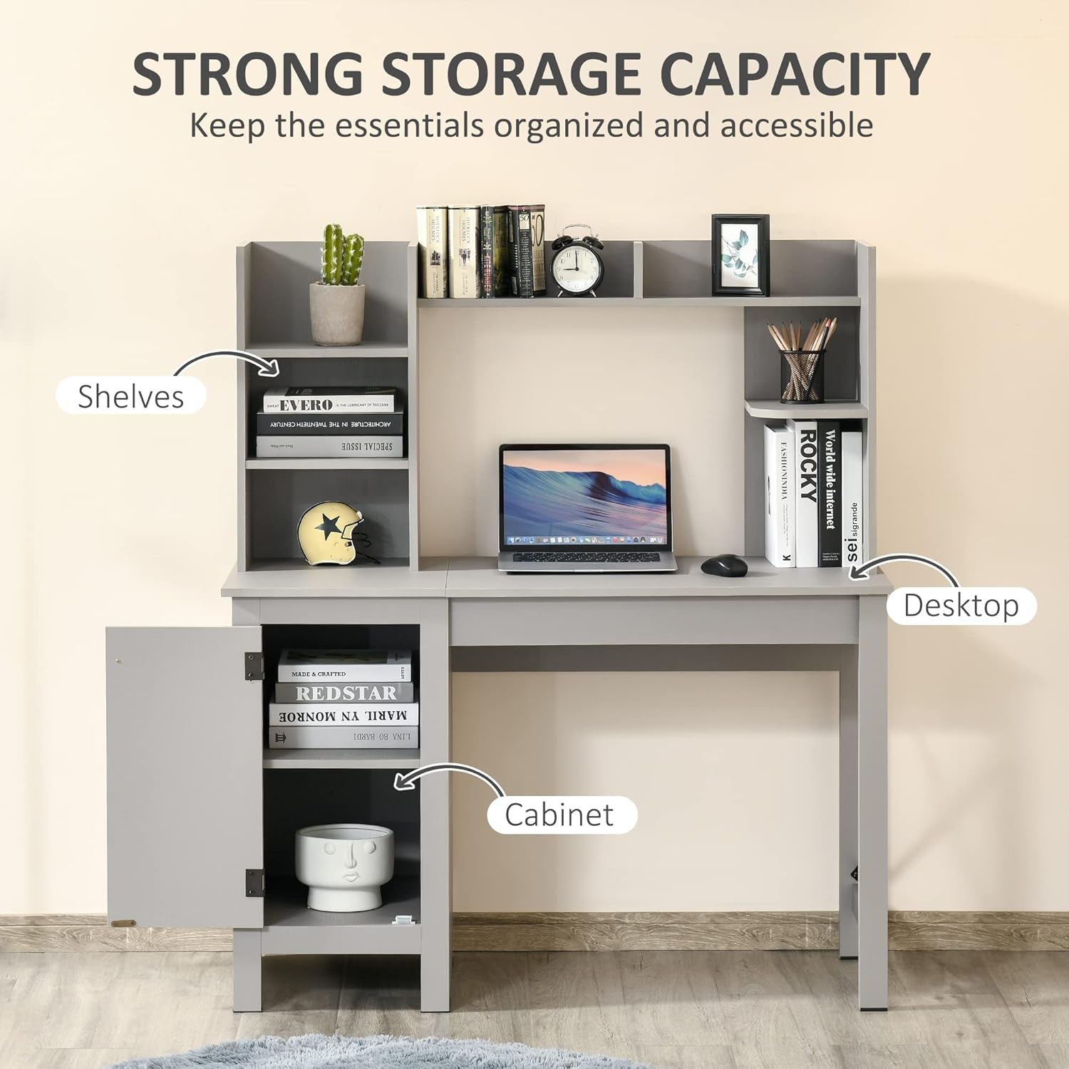 Farmhouse Computer Desk with Hutch and Cabinet, Home Office Desk with Storage, for Study, Light Grey