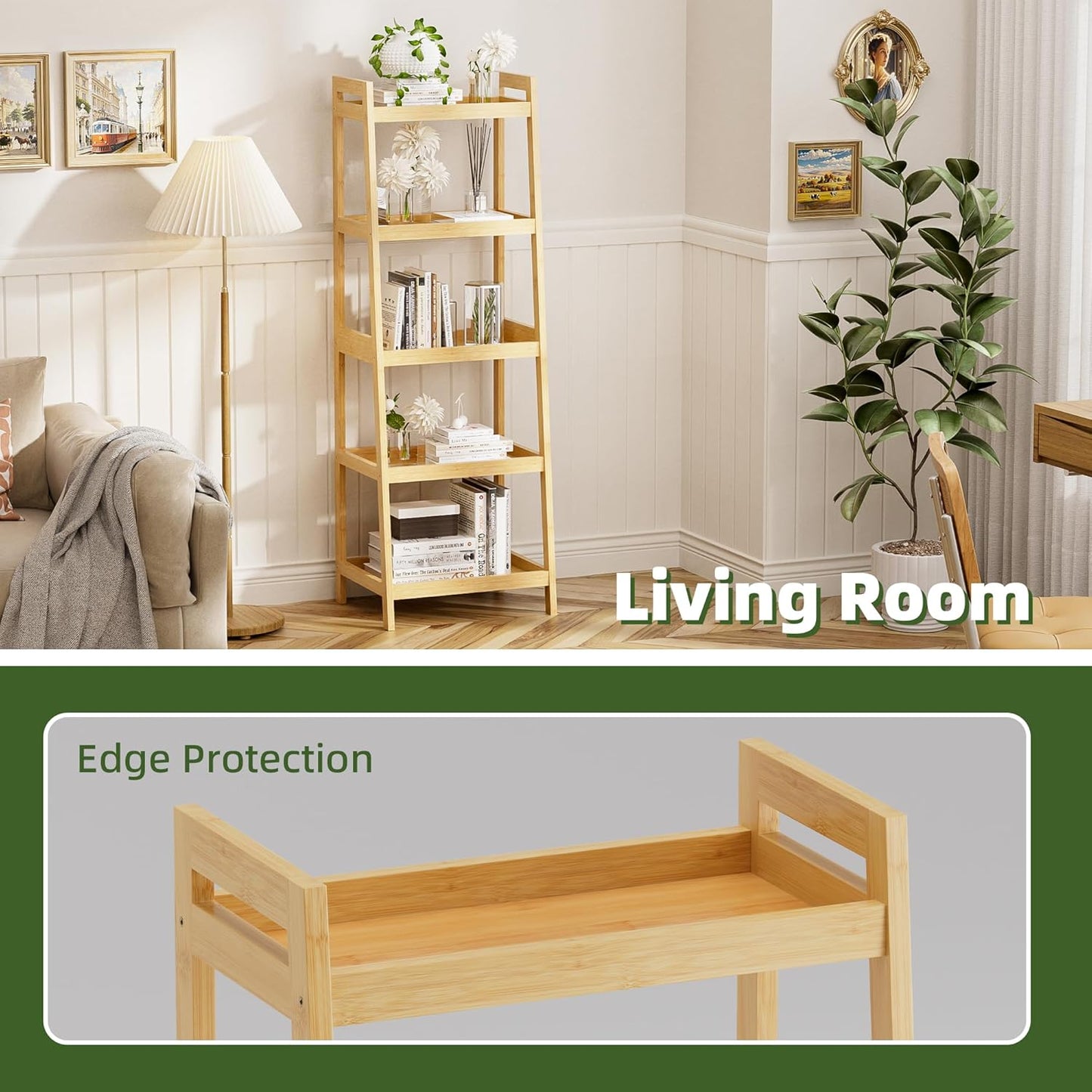 Bookshelf, 5 Tier Ladder Bookcase with Bamboo Frame, Freestanding Tall Narrow Display Plant Shelf for Living Room, Kitchen, Bedroom, Balcony, Natural