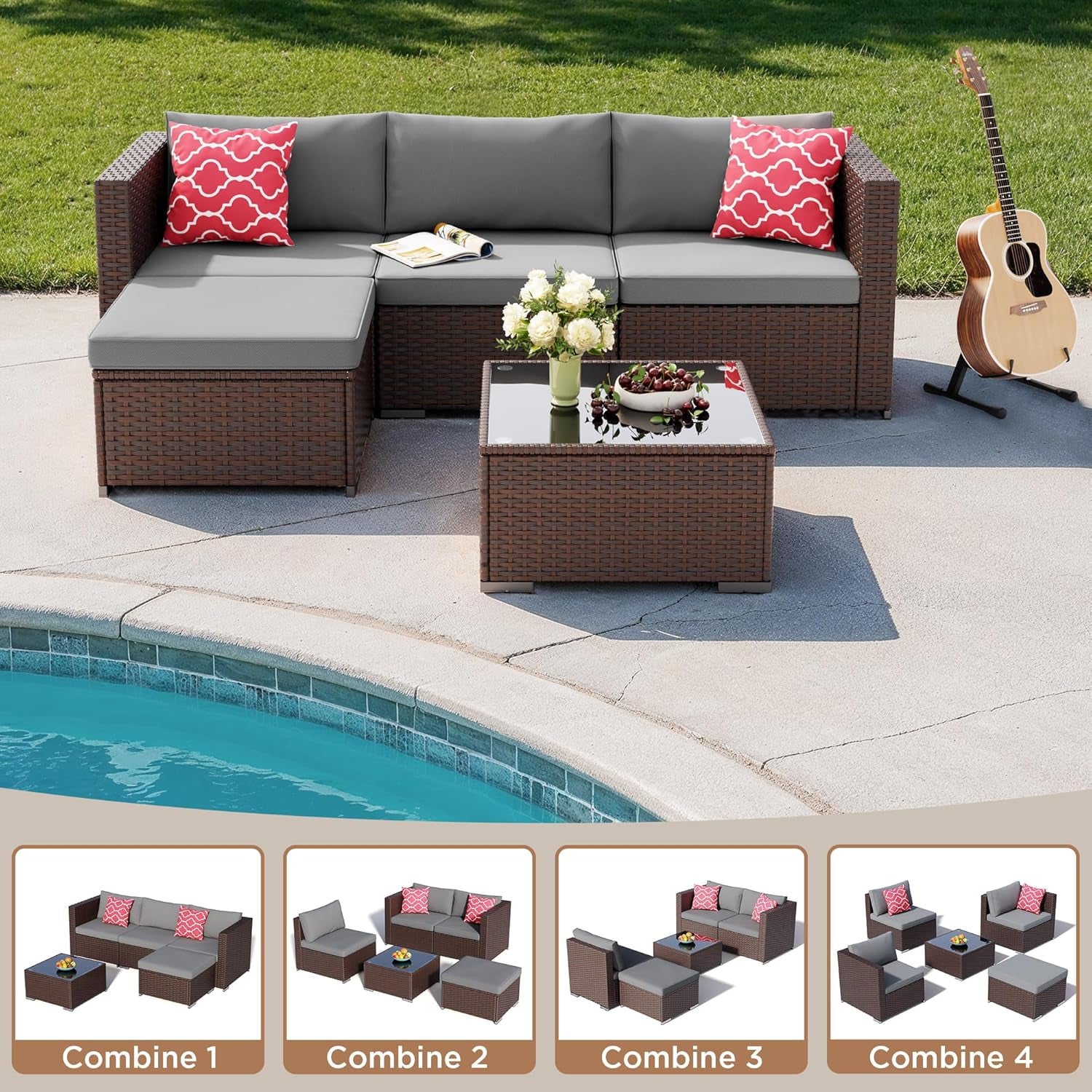 5 Pieces Patio Furniture Set All-Weather Outdoor Wicker Sectional Patio Furniture with Cushion and Glass Table (Grey)