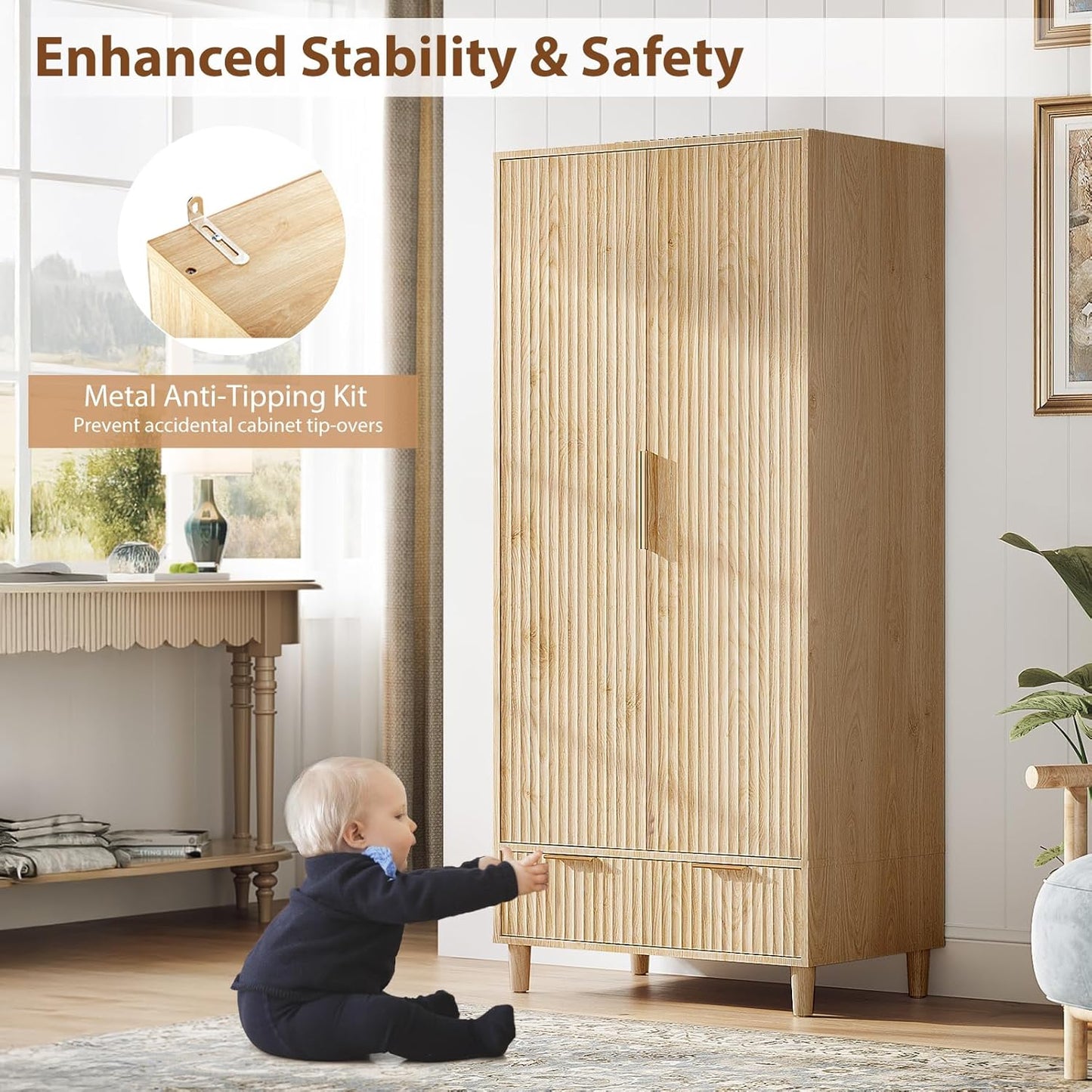 Fluted Wardrobe Closet Armoire with Doors and Drawers, Wardrobe Cabinet with Hanging Rack, Bedroom Closet Wood, Oak Free Standing Armoire with Shelf and Solid Wood Legs, 31.5"W*19.7"D*69.3"H