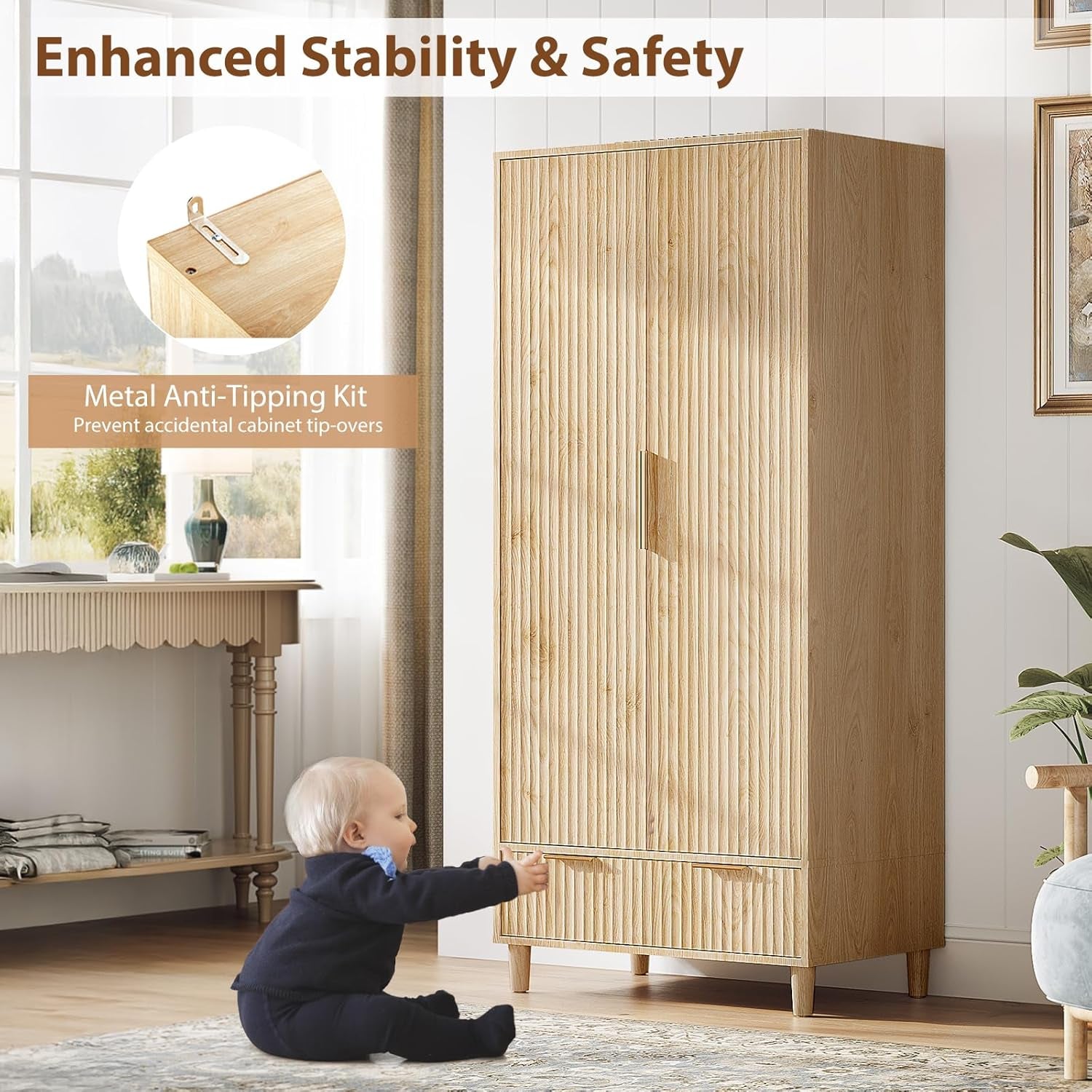 Fluted Wardrobe Closet Armoire with Doors and Drawers, Wardrobe Cabinet with Hanging Rack, Bedroom Closet Wood, Oak Free Standing Armoire with Shelf and Solid Wood Legs, 31.5"W*19.7"D*69.3"H