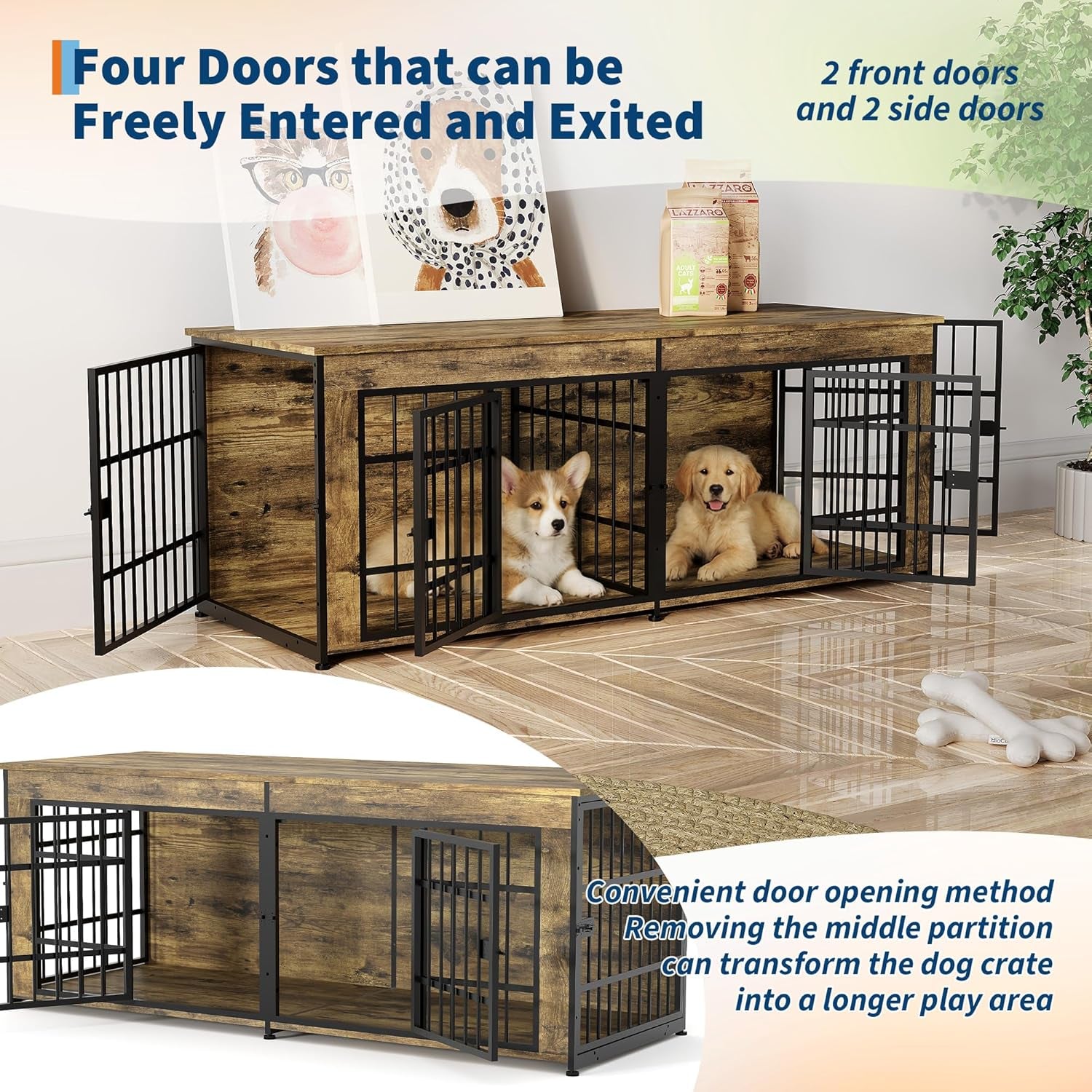 63" Heavy Duty Dog Crate Furniture, Dog Cage Furniture with Divider,Wooden Kennel Indoor TV Stand End Table for Large/Medium Dogs, Rustic Brown