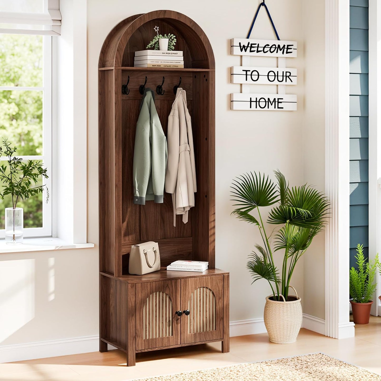 Hall Tree with Bench and Shoe Storage, 70.9" Farmhouse Entryway Storage Bench with 4 Hooks and 2 Fluted Doors, Arch Coat Rack Rustic Hall Cabinet Organizer for Hallway,Mud Room,Small Space