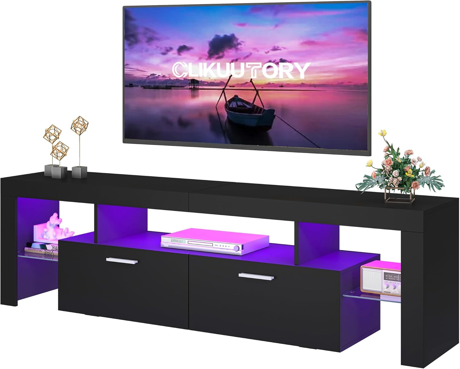 Modern Lighting 63 Inch TV Stand with Large Storage Drawer for 50 55 60 65 70 75 Inch Tvs, TV Console with 20 Color LED Lights, Entertainment Center Media and Open Shelf for Bedroom, Black