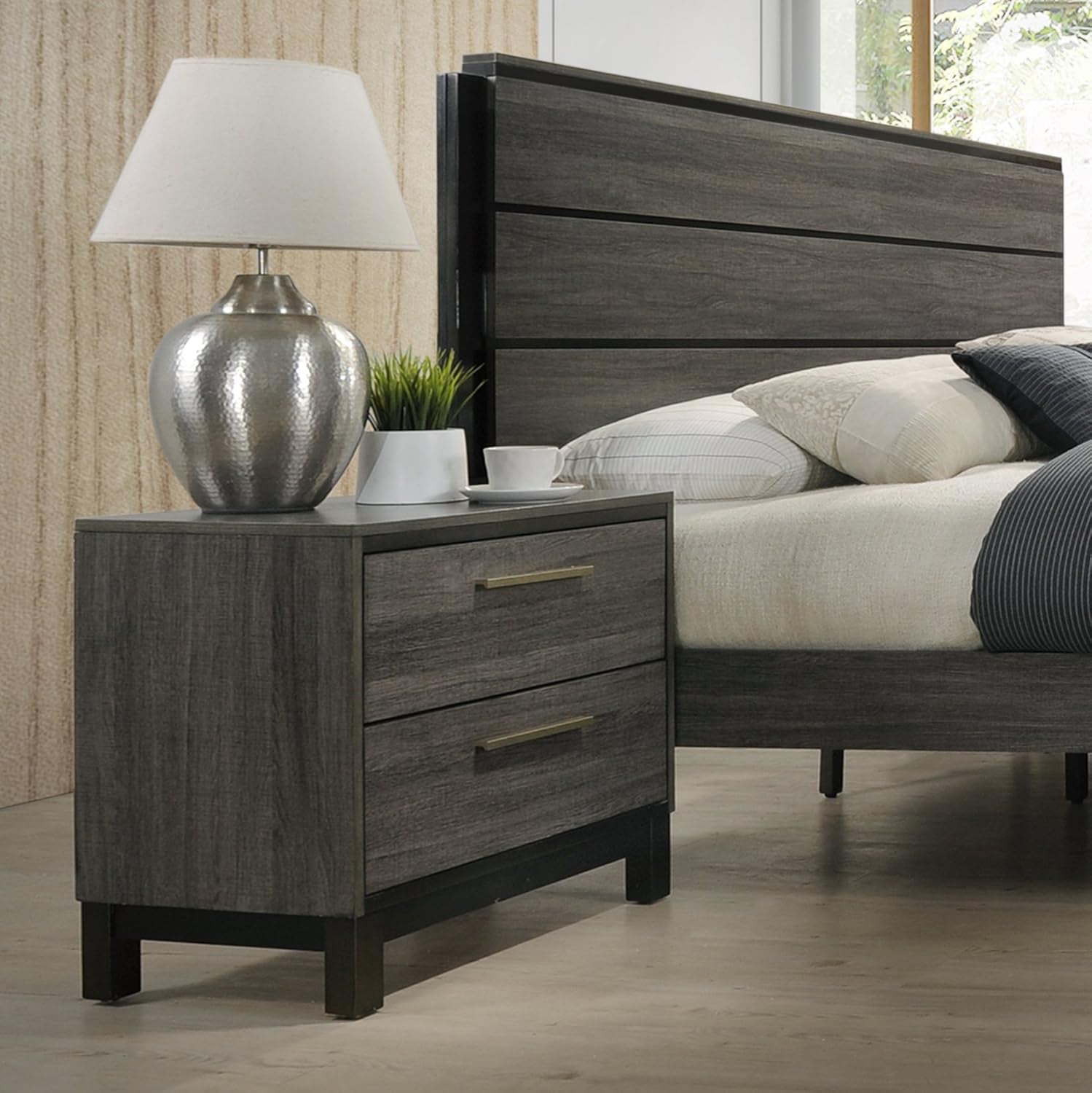Ioana 187 Antique Grey Finish Wood Bed Room Set, King Size Bed, Dresser, Mirror, Night Stand, Chest