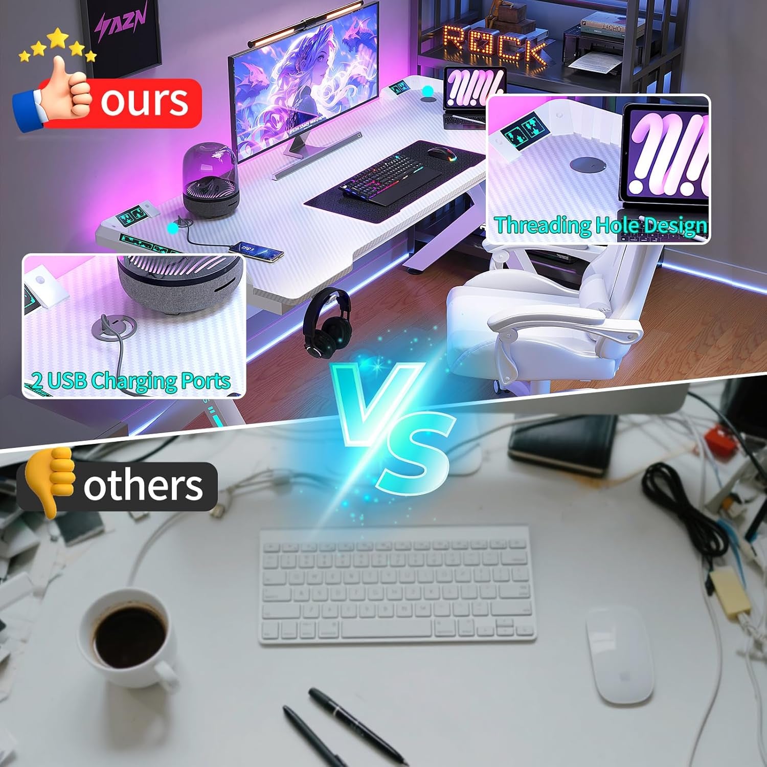 Gaming Desk, 55'' Computer Desk, Gaming Desk W/Led Lights & Carbon Fiber Desktop, Home Office Desks W/Ergonomic Design, Computer Desks W/Cup Holder, Headphone Holder, Cable Organizer