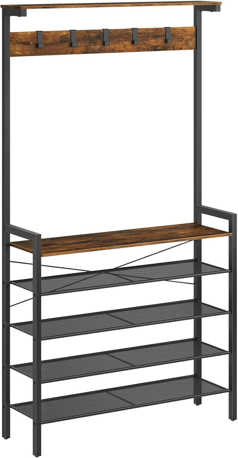 Hall Tree with Bench, Coat Rack with Shoe Storage, Shoe and Coat Rack, 5-Tier Entryway Shoe Storage, 5 Hooks, for 12-16 Pairs, Industrial, Hallway, Foyer, Mudroom, Rustic Brown BF74MT01