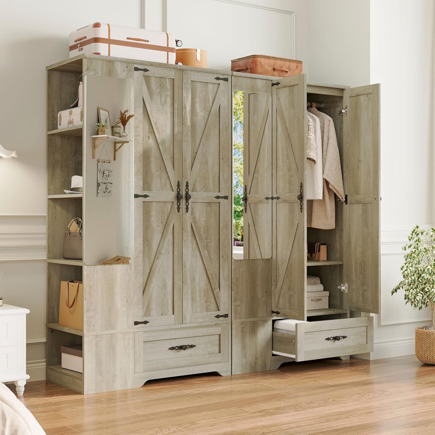 Armoire Wardrobe Closet with Mirror, 70" H Wooden Bedroom Armoires and Wardrobes with 2 Doors, 5 Shelves，Hooks and Drawer, Clothing Storage Cabinet with Hanging Rod, Rustic Maple