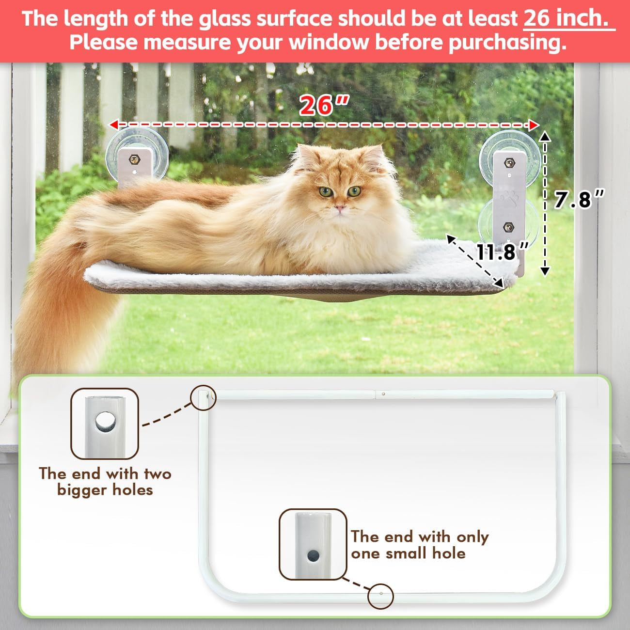 Cordless Cat Window Perch, Cat Hammock for Wall with 4 Suction Cups, Solid Metal Frame and Reversible Cover, Foldable Cat Beds for Indoor Cats