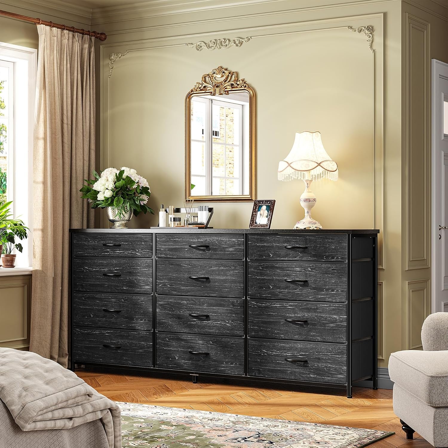 55" Long Dresser for Bedroom with 12 Fabric Drawers, Entertainment Center for 60 Inch TV Dressers & Chests of Drawers Large Organizer, Living Room, Metal Frame, Wood Top, Black
