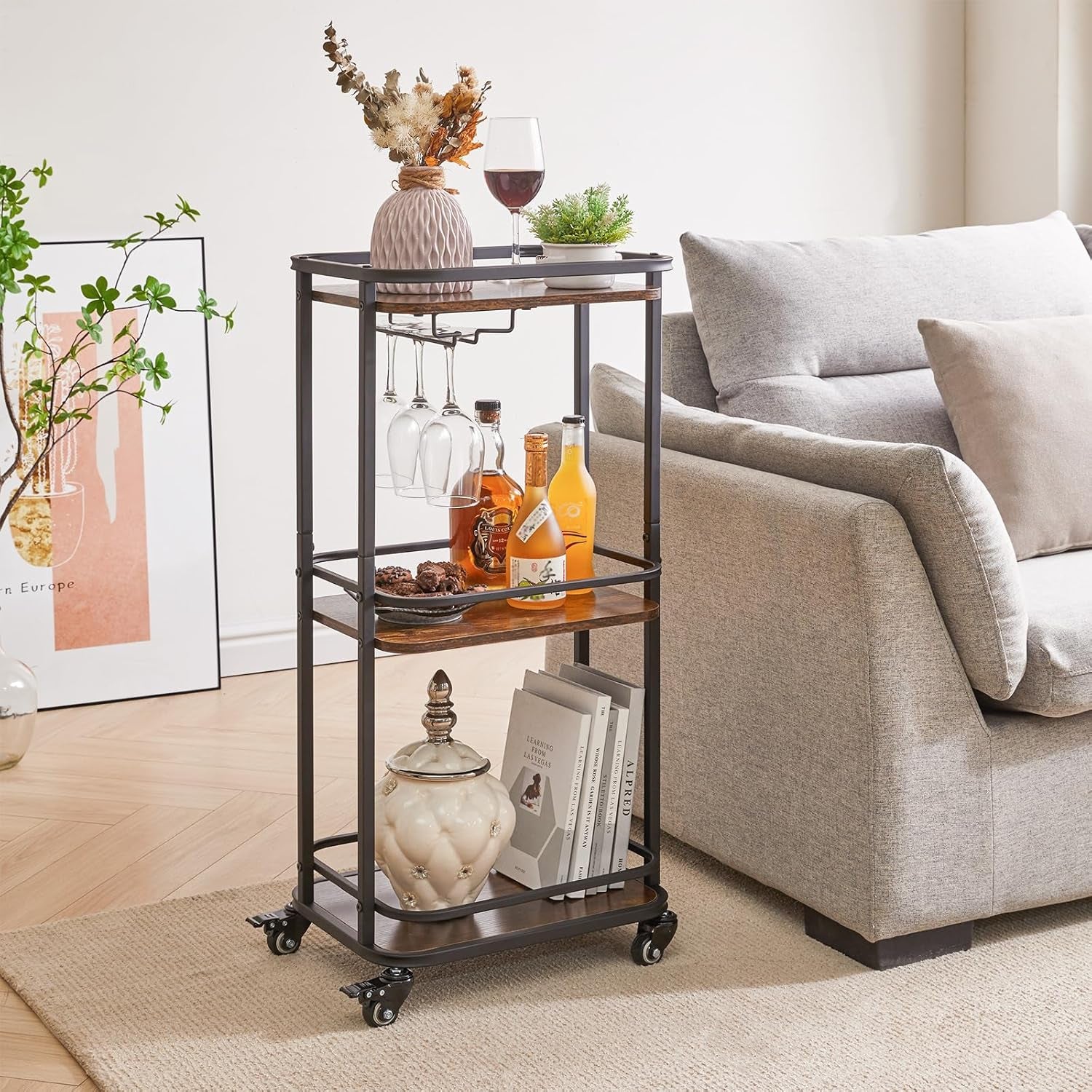 3-Tier Home Bar Serving Cart,Kitchen Storage Carts with Wheels,11.79X15.72X33.01 Inches,Rolling Mini Bar Cart for Home, Outdoor, Kitchen, Bedroom TMJ319H