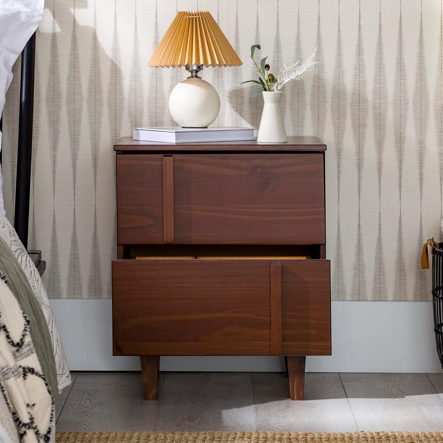 Sprague Contemporary Detailed Drawer Solid Wood Nightstand, 20 Inch, Walnut