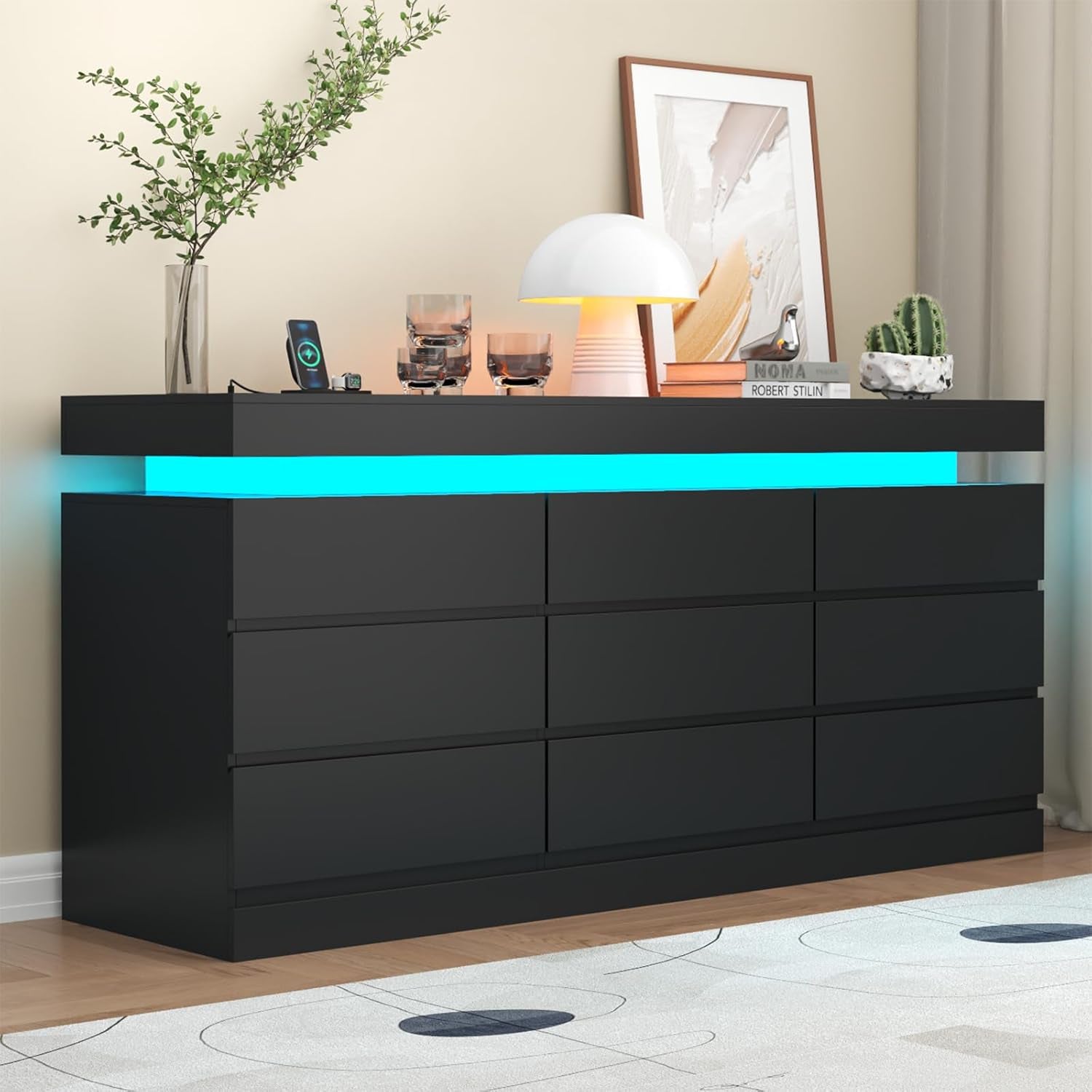 9 Drawer Dresser with Power Outlet, Dresser with LED Light, Modern Chest of Drawers for Closet, Double Wide Drawer Organizer Cabinet for Bedroom, Living Room (Black, 9 Drawers)