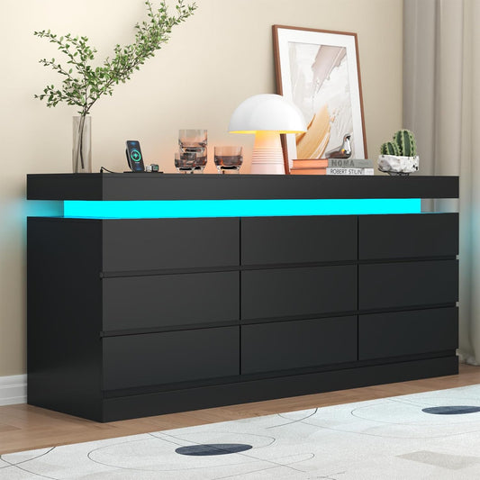 9 Drawer Dresser with Power Outlet, Dresser with LED Light, Modern Chest of Drawers for Closet, Double Wide Drawer Organizer Cabinet for Bedroom, Living Room (Black, 9 Drawers)