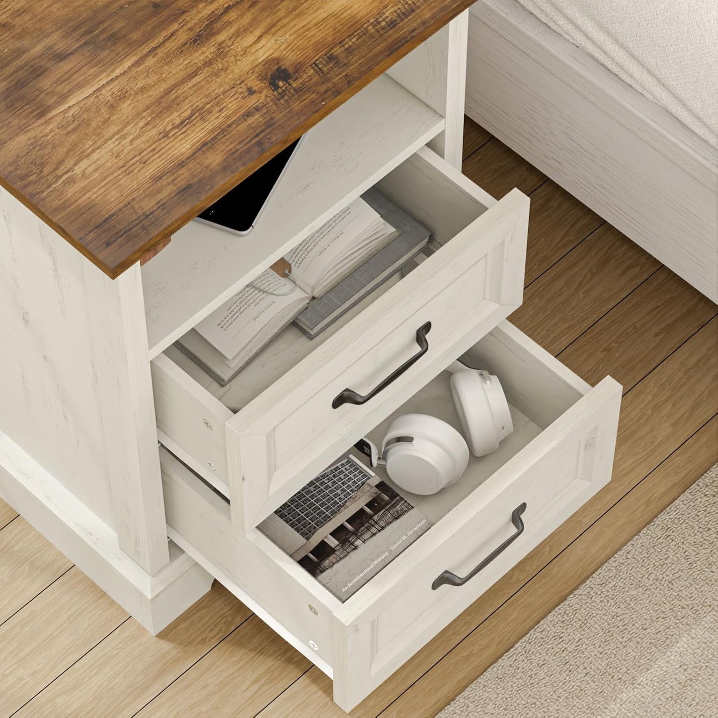 18'' Farmhouse Nightstand with Charging Station, Bedside Tables with Storage, Bed Side End Table with Open Shelf, 2 Drawers Wood Night Stand Dresser for Bedroom, Living Room, Rustic White