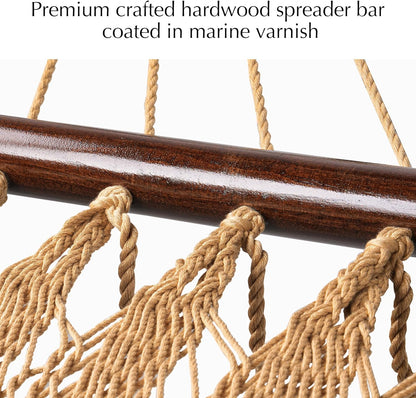 2 Person Caribbean Rope Hammocks for Outside, 12Ft Handwoven Polyester Double Hammock with Spreader Bar for Outdoor Indoor, Max 600 Lbs Capacity (Tan)