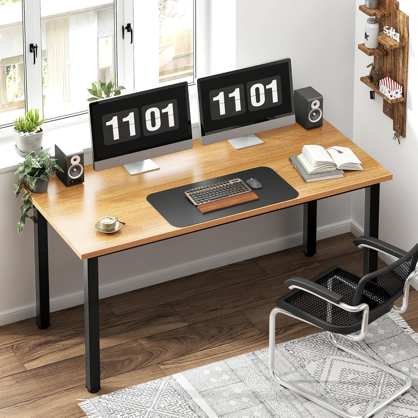 54.3 Inch Large Computer Desk, Modern Simple Style Desk for Home Office, Basic Writing Table for Study Student, Teak