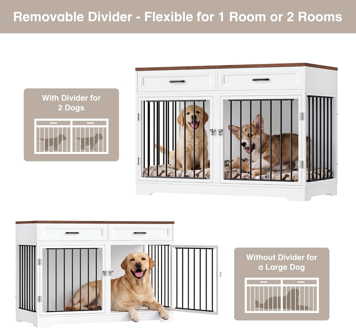 Dog Crate Furniture 47" Wooden Dog Kennels for Dogs Indoor with a Removable Divider for Large/Medium/Small Dogs, 2 Storage Drawers and Large Tabletop Dog Cages Double Doors Dog House, White
