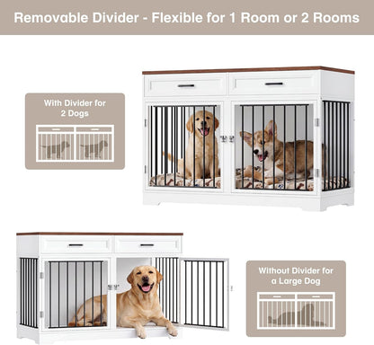 Dog Crate Furniture 47" Wooden Dog Kennels for Dogs Indoor with a Removable Divider for Large/Medium/Small Dogs, 2 Storage Drawers and Large Tabletop Dog Cages Double Doors Dog House, White
