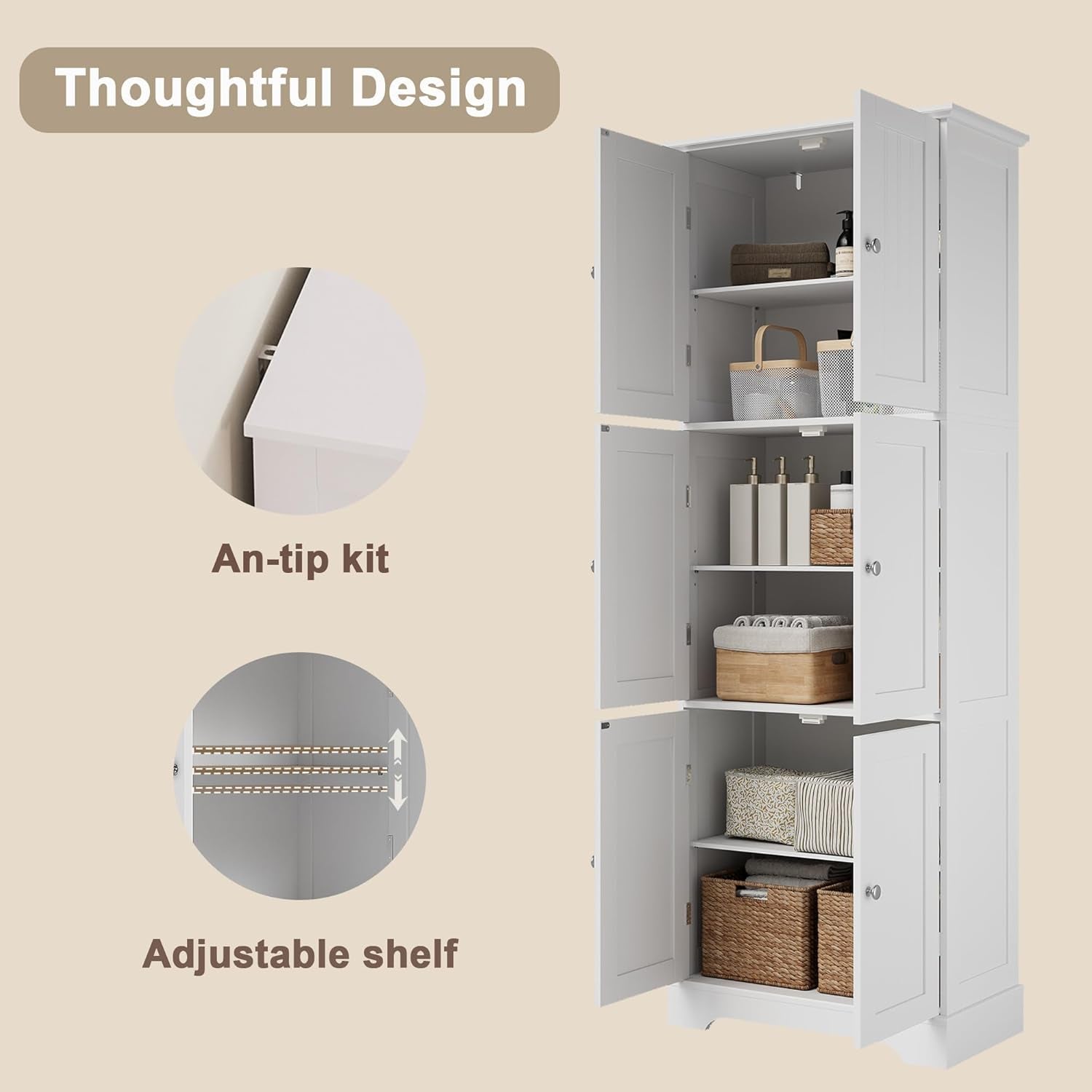 Tall Bathroom Storage Cabinet with 6 Doors, Freestanding Floor Cabinet with Adjustable Shelves, White Pantry Cabinet for Bathroom, Kitchen, Laundry Room