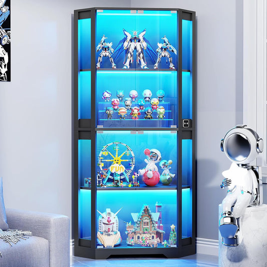 65" Tall Display Cabinet with Glass Doors, Corner Curio Display Case with LED Lights & Motion Sensor for Collectibles, Book, 4-Tier China Cabinet Bookcase for Living Room (Black)