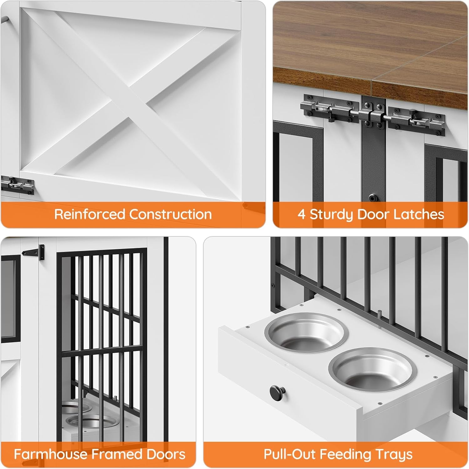 72'' Dog Crate Furniture for 2 Dogs, Extra Large Farmhouse Dog Kennel with Removable Divider, Pull-Out Dog Bowls, Heavy Duty Dog Crate TV Stand, White and Walnut BWH82GW03