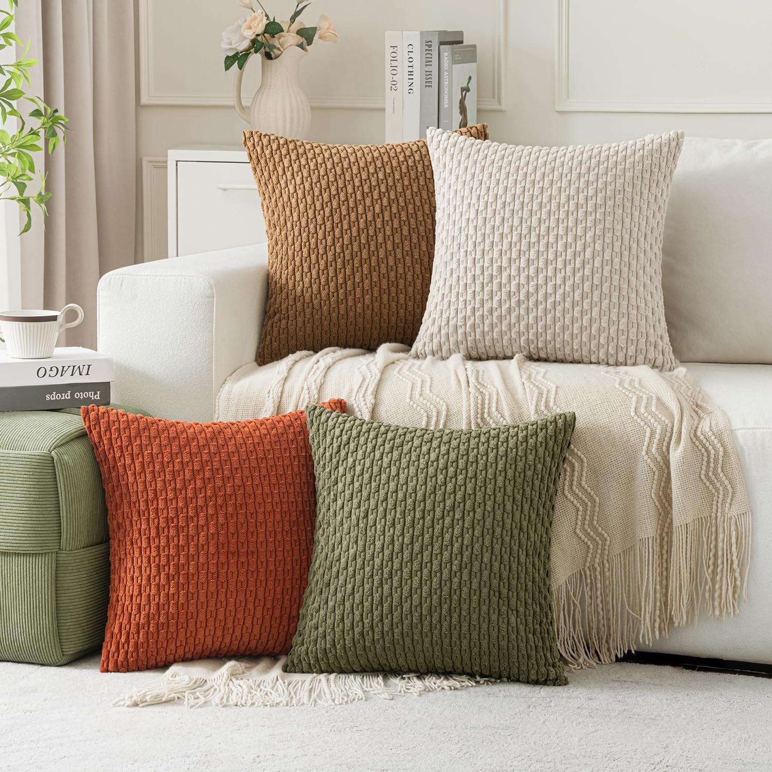 Fall Throw Pillow Covers Soft Couch Decorative Set of 4 Boho Striped Cushion Covers Corduroy Pillowcases Farmhouse Home Decor for Couch Bed Sofa Living Room 18X18 Inch Camel Green