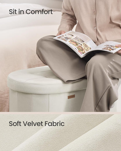 Mazie Collection - Folding Ottoman with Storage, Oval Storage Ottoman Bench, for Living Room, Bedroom, Velvet Fabric, 15 X 43 X 15 Inches, Cream White ULSF297LH01