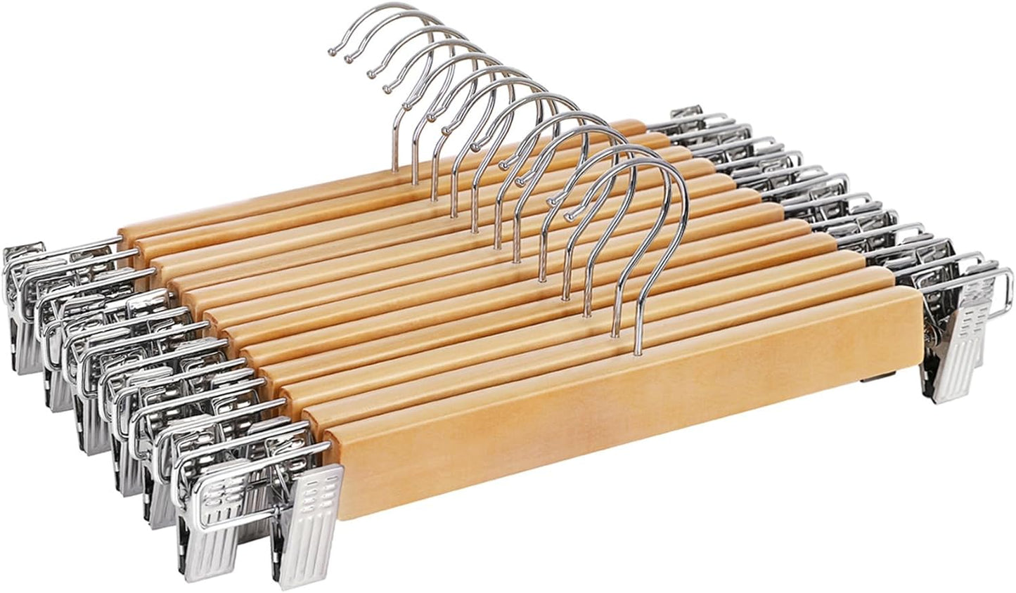 Wooden Pants Hangers 12 Pack, Pants Hangers with Clips, Adjustable Anti-Rust Metal Clips, 360° Swivel Hook, Skirt Hangers for Pant, Skirts, Natural Grain UCRW008-12
