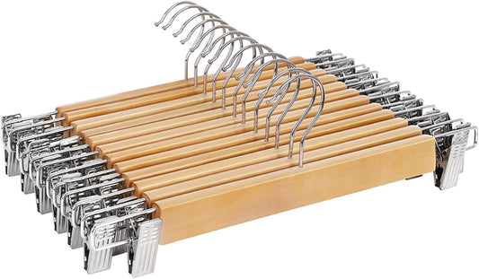Wooden Pants Hangers 12 Pack, Pants Hangers with Clips, Adjustable Anti-Rust Metal Clips, 360° Swivel Hook, Skirt Hangers for Pant, Skirts, Natural Grain UCRW008-12
