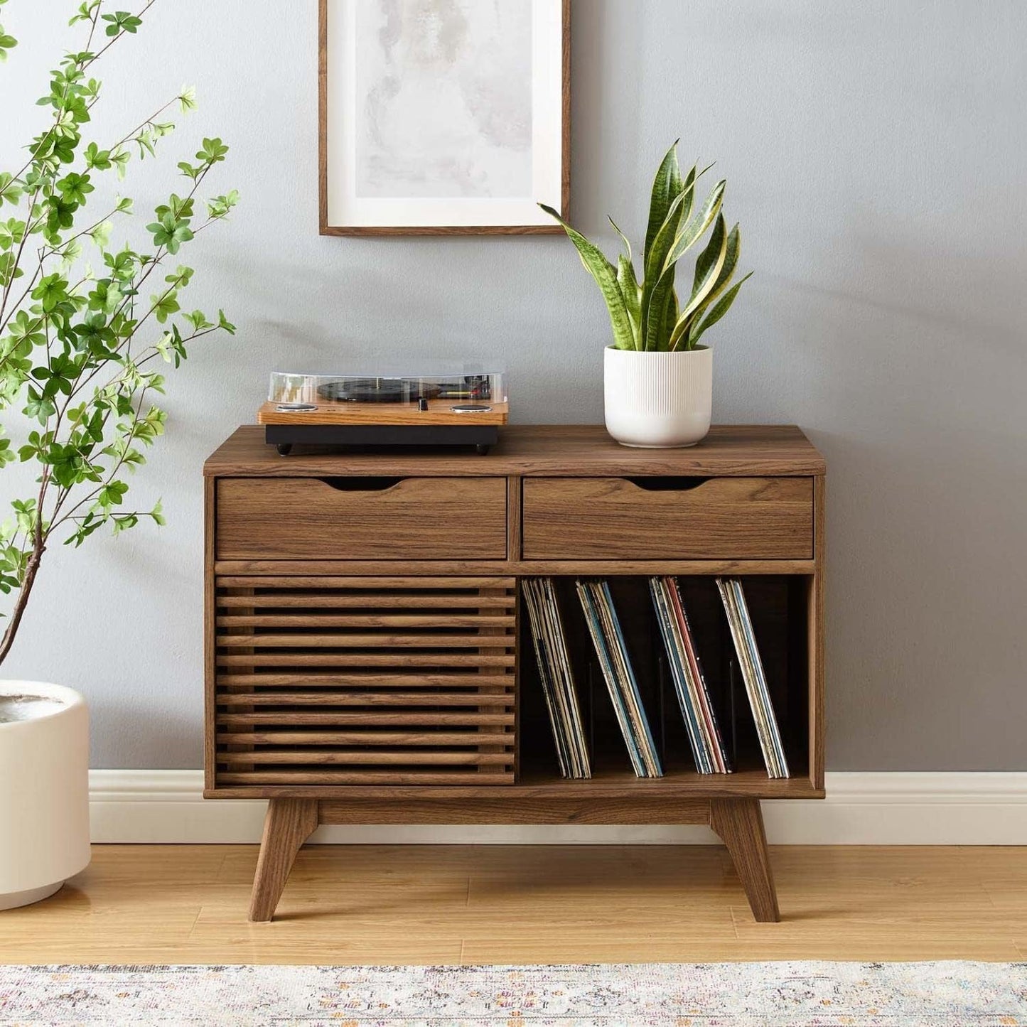 Render Mid-Century Modern Vinyl Record Storage Display Cabinet, 37 Inch, Walnut