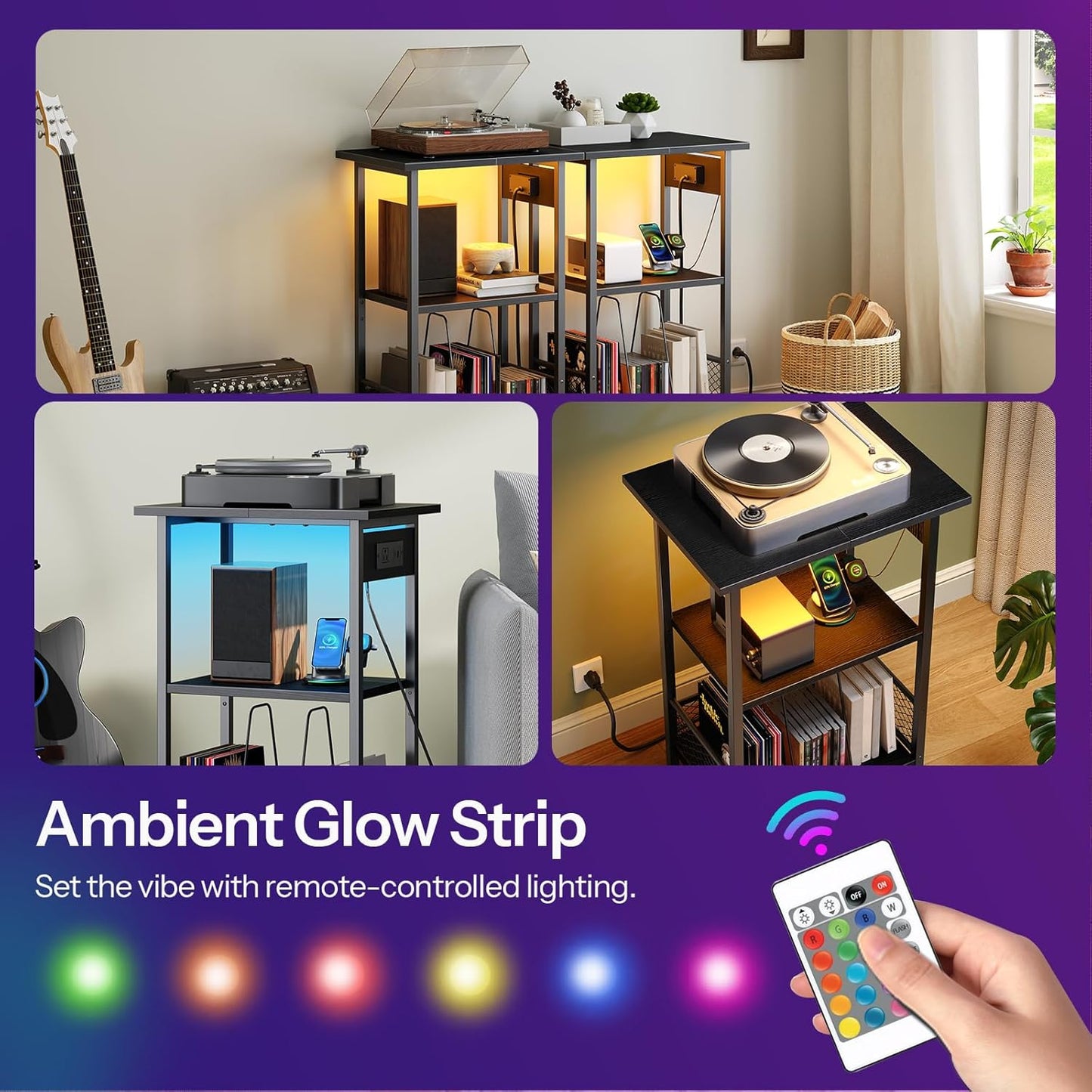 Record Player Stand with Charging Station and LED, Turntable Stand with Storage, 3 Tier End Table Hold up to 100 Albums, Record Table for Vinyl, Living Room, Black BB06UDRS01