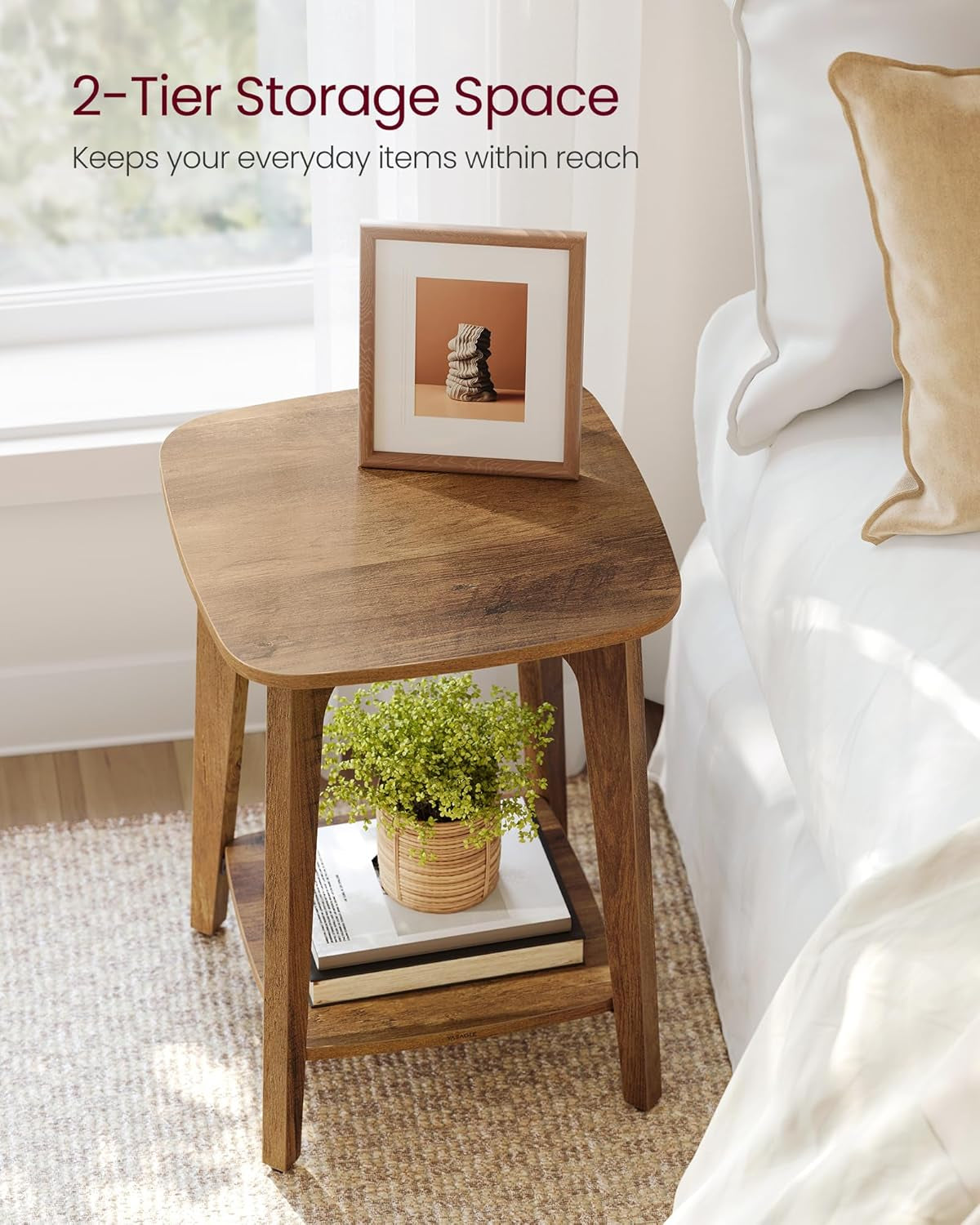 Side Table, Small Square End Table with Lower Shelf, Nightstand for Small Spaces, Living Room, Bedroom, Honey Brown ULET236K01