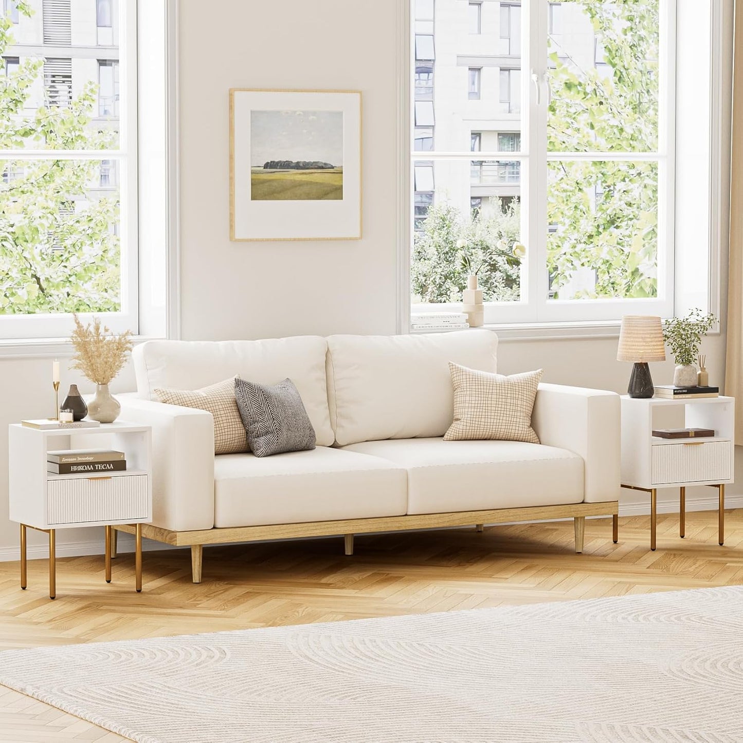 Nightstand,Mid-Century Modern Bedside Table with Storage Drawer and Open Wood Shelf,Small Gold Frame Side Table for Bedroom,Living Room,White