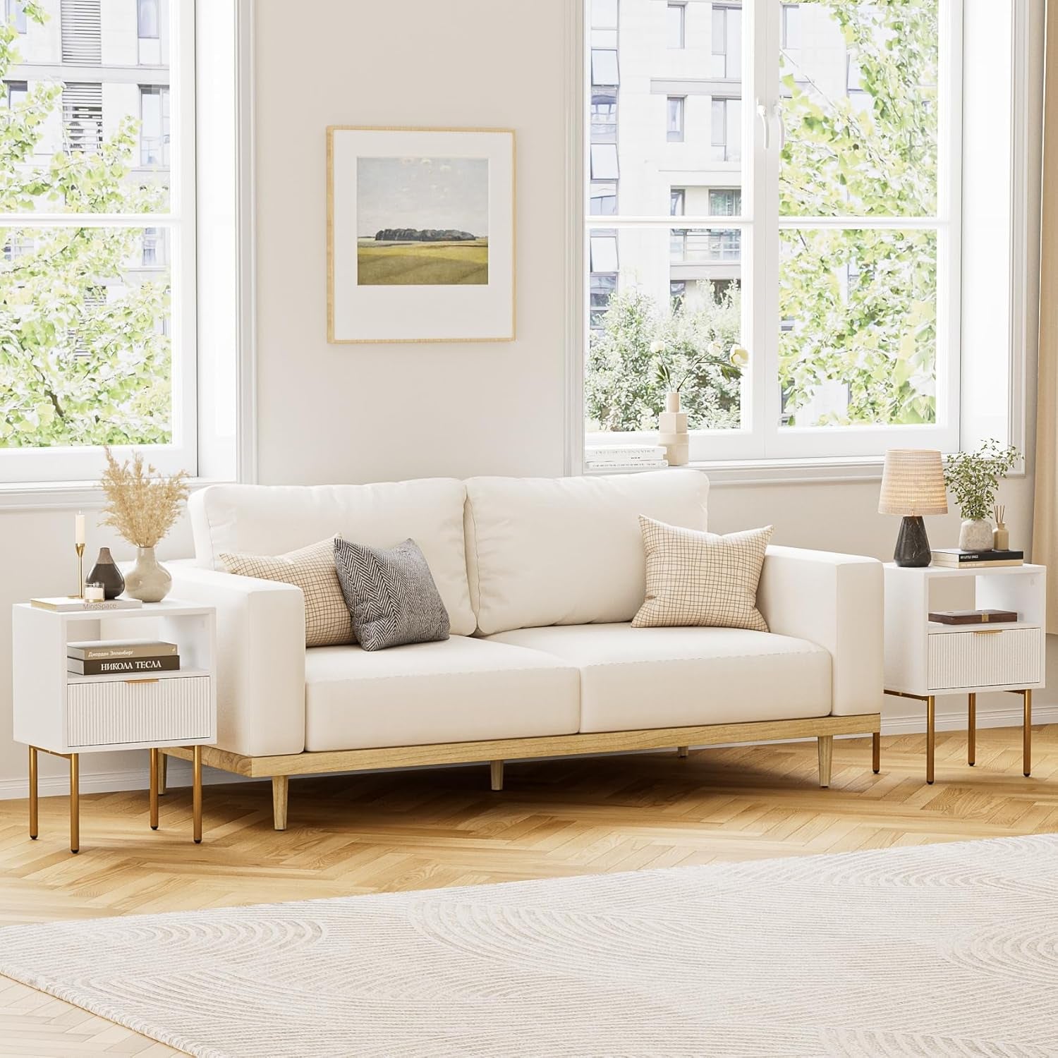 Nightstand,Mid-Century Modern Bedside Table with Storage Drawer and Open Wood Shelf,Small Gold Frame Side Table for Bedroom,Living Room,White