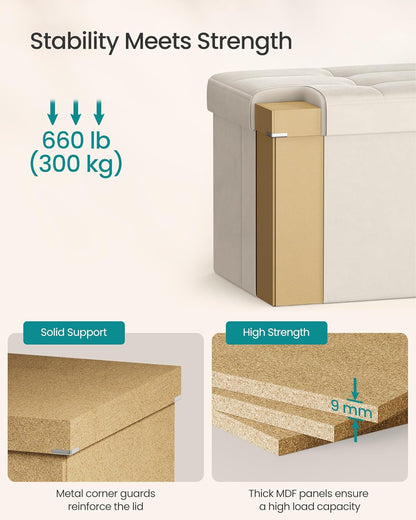 Mazie Collection - 30 Inches Storage Ottoman, Foldable Storage Bench with Flipping Lid, 660 Lb Load Capacity, for Entryway, Living Room, Bedroom, Velvet Fabric, Cream White ULSF048LH01