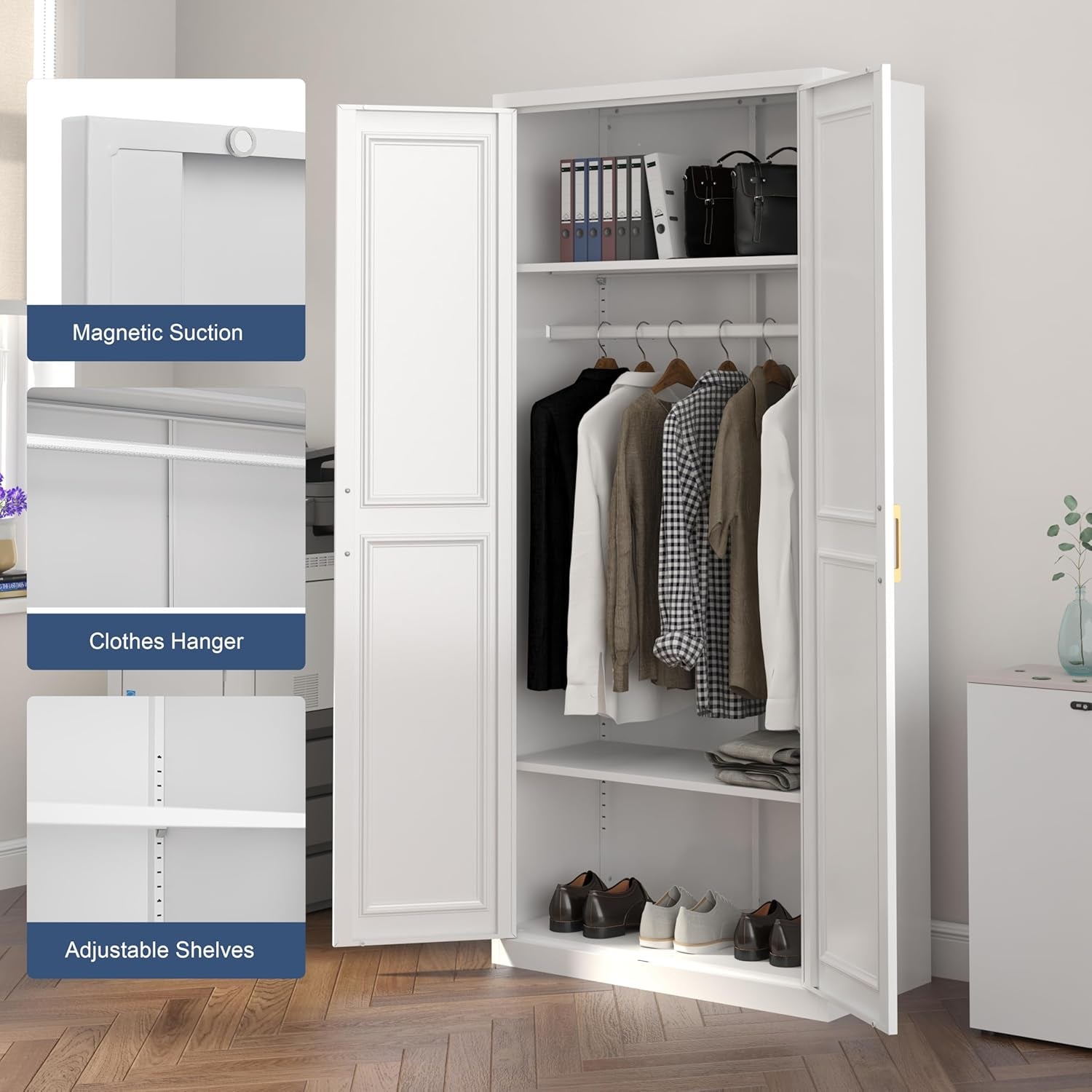 Metal Wardrobe Cabinets，Armoire Wardrobe Closet with Hanging Rod,Clothes Storage Cabinet with Adjustable Shelves and Doors, Clothing Cabinet for Bedroom, Office, Laundry Room