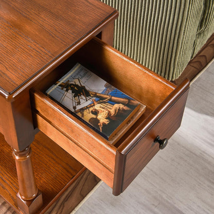 Narrow End Table with Drawer and Storage Shelf, Solid Wood Sofa Side Tables, Slim beside Table-, Telephone for Small Spaces, Living Room, 22"L X 13"W X 22.7"H No-Tools Assembly Caramel Brown BBJ004DR