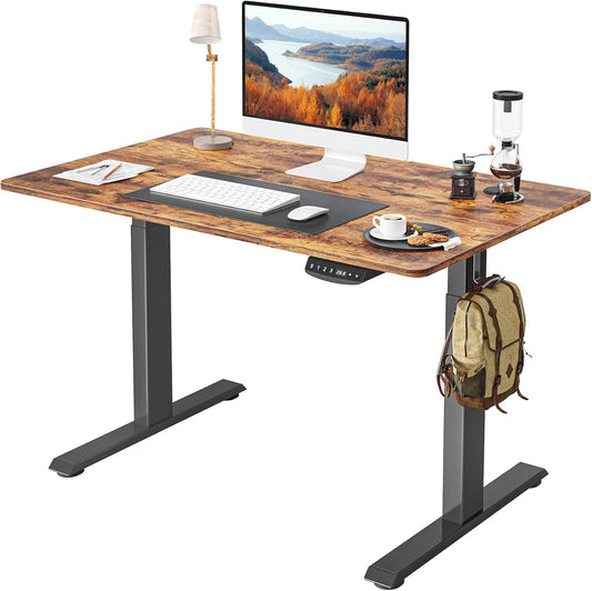One-Piece Standing Desk Adjustable Height Stand up Home Office Desk, 40X24 Inch Electric Standing Computer Desk, with 4 Memory Presets, Headphone Hook, Rustic Brown