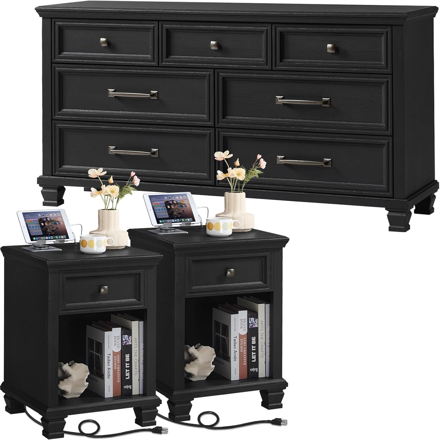 Farmhouse Bedroom Dresser and Nightstand Set, 7 Drawer Dresser & 1 Drawer Nightstand Set, Rustic Wood Bedroom Furniture Set for Home, Hallway, Black