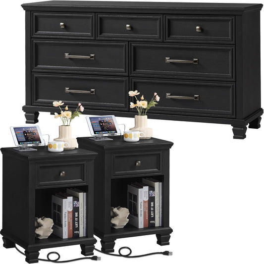 Farmhouse Bedroom Dresser and Nightstand Set, 7 Drawer Dresser & 1 Drawer Nightstand Set, Rustic Wood Bedroom Furniture Set for Home, Hallway, Black