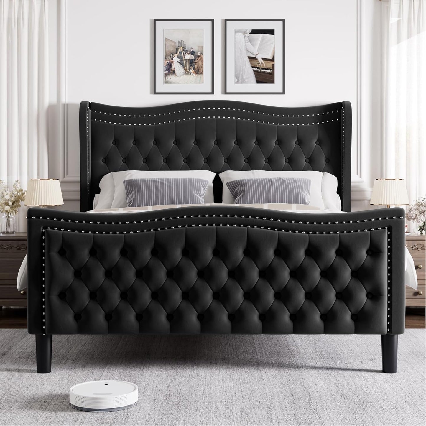 Queen Bed Frame with Tall Headboard & Footboard, Velvet Upholstered Platform Bed Frame with Deep Button Tufted Wingback, No Box Spring Needed, Noise Free, Black