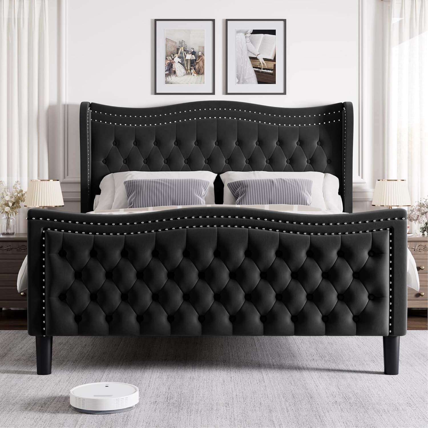 Queen Bed Frame with Tall Headboard & Footboard, Velvet Upholstered Platform Bed Frame with Deep Button Tufted Wingback, No Box Spring Needed, Noise Free, Black