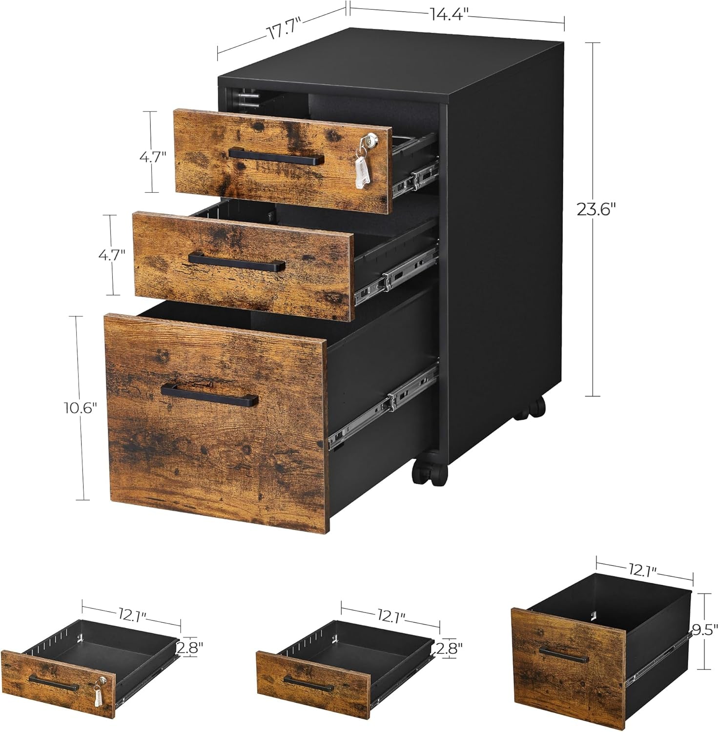 File Cabinet, Pre-Assembled except Wheels and Handles, Office Filing Cabinet with Lock, for A4, Legal, Letter Sized Documents, 17.7 X 14.4 X 23.6 Inches, Rustic Brown and Black UOFC110B01V1